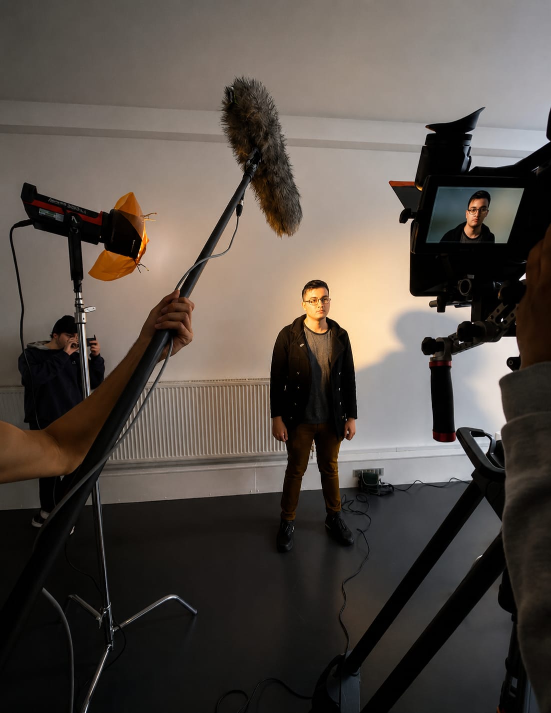 On camera with boom mic during a shoot